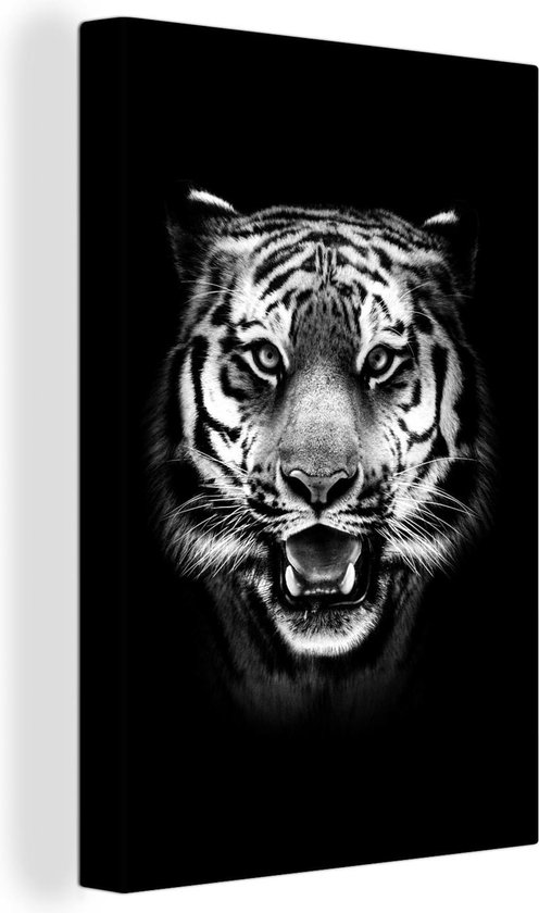 Tableau Tableau Tête de Tigre fond noir - noir et blanc - 20x30 cm - Décoration murale