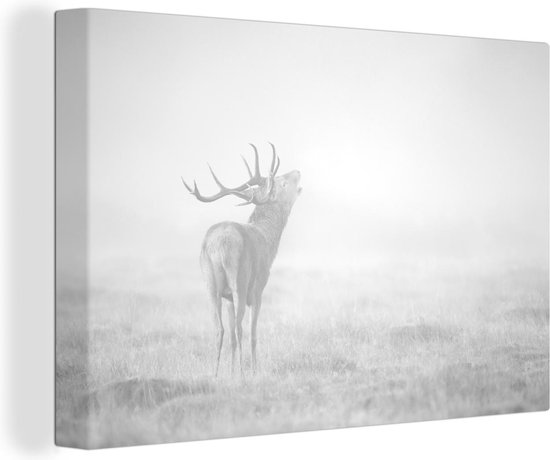 Canvas Schilderij Brullend hert in de mist - zwart wit - 60x40 cm - Wanddecoratie