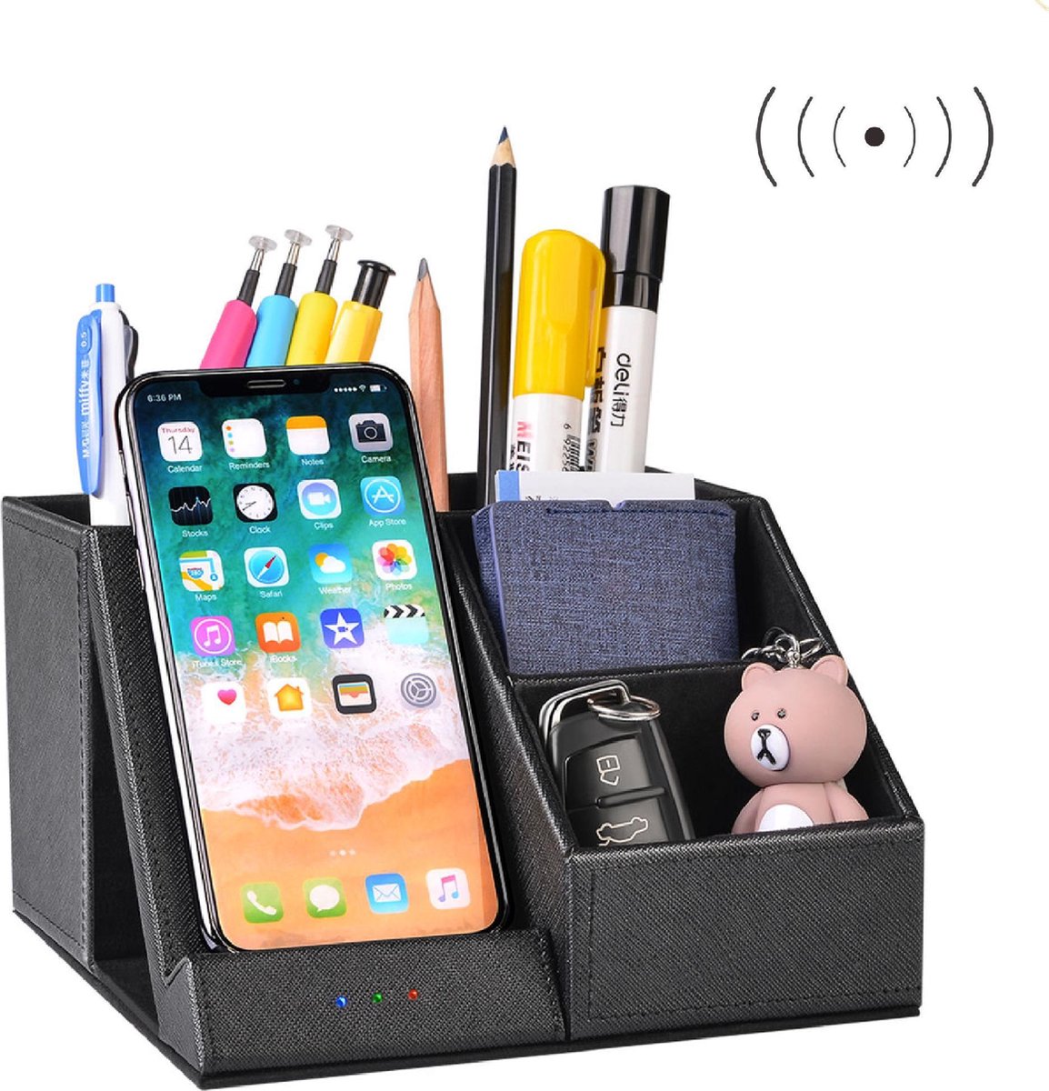 Make Up Organizer – Bureau Organizer – Desk Organizer – Wireless Charger – Kunstleer – Zwart - Merkloos