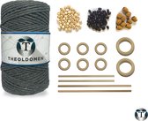 Macramé Pakket | 200 meter | Incl. Handleiding | Donkergrijs | Starter Set | Ringen | Kralen |Stokken | Macramé Touw | 3mm | 100% Katoen | Macramé | Decoratie | DIY | Doe Het Zelf