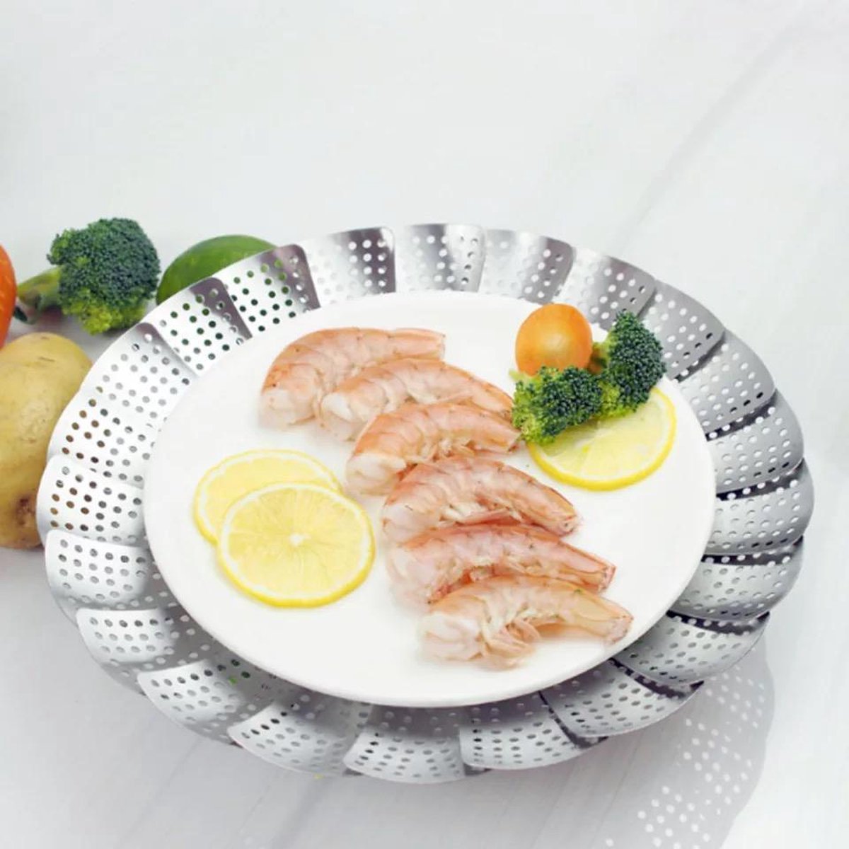 RVS Stoomrek- Stoommand Pan- Groentenstomer - Verstelbaar - stoominzet - Stoombloem- steamer basket- voor groenten/vegetables — cadeau in Kookcadeaus - foto 4