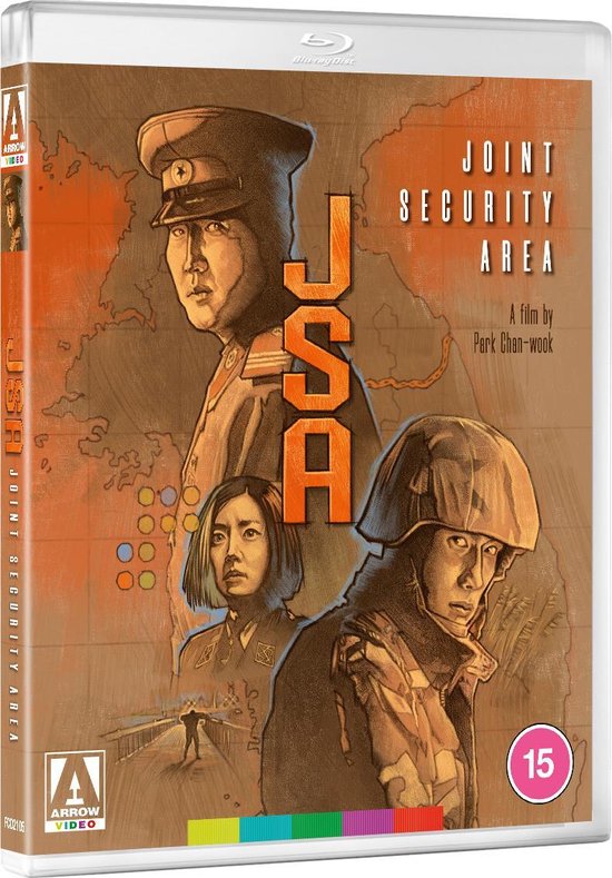 Hoes van de film 'Joint Security Area', met drie personages op een achtergrond van een landkaart. De titel staat verticaal in oranje letters.