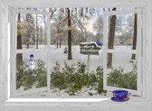 SCHUTTINGPOSTER - Kerst poster - 90x65 cm - doorkijk - winters park met sneeuw - blauw - winterlandschap - tuin decoratie - tuinposters buiten - tuinschilderij - winter poster - kerst decorat