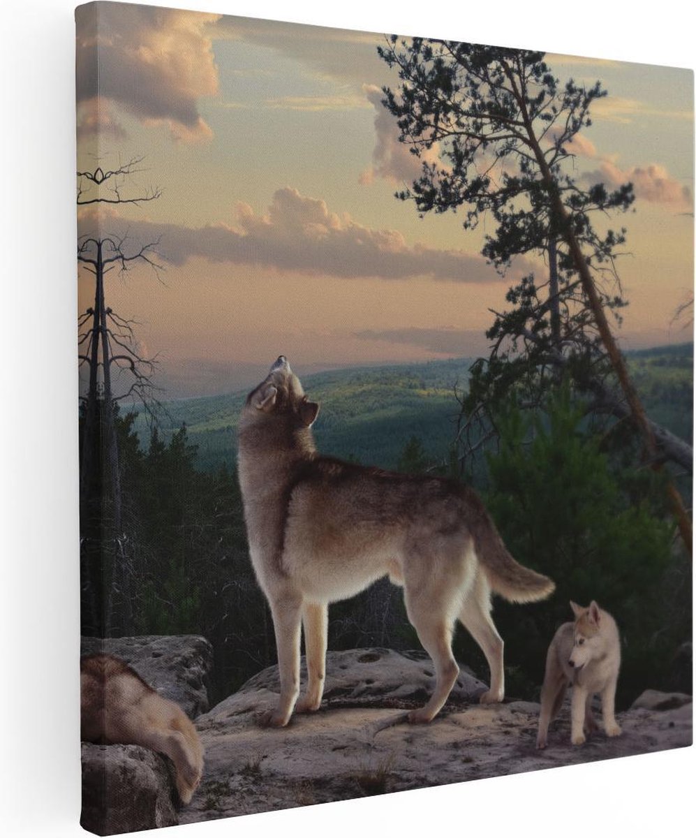 Artaza Canvas Schilderij Drie Wolven Op Een Rots In Het Bos - 90x90 - Groot - Foto Op Canvas - Canvas Print