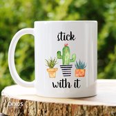 Cactus stick with it - Customized mokken en bekers - mokken met tekst - mokken - bekers - cadeautje - cadeau voor vrouw - cadeau vor man - keramiek servies - valentijn cadeautje voor haar - v