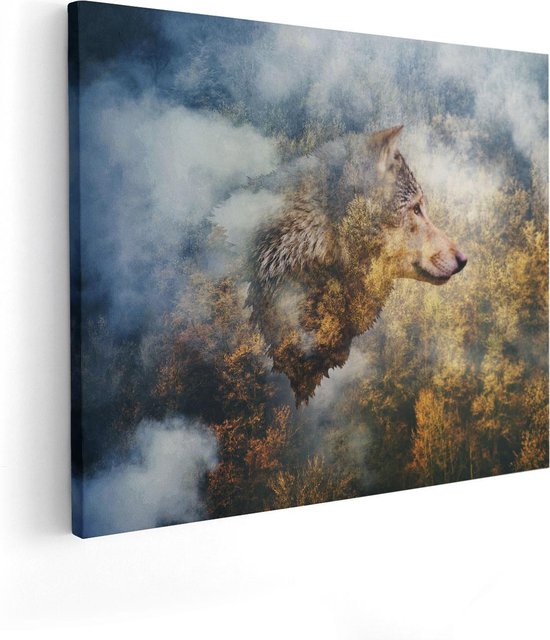 Artaza Canvas Schilderij Wolvenkop Op Een Herfstbos - Wolf - Abstract - 100x80 - Groot - Foto Op Canvas - Canvas Print