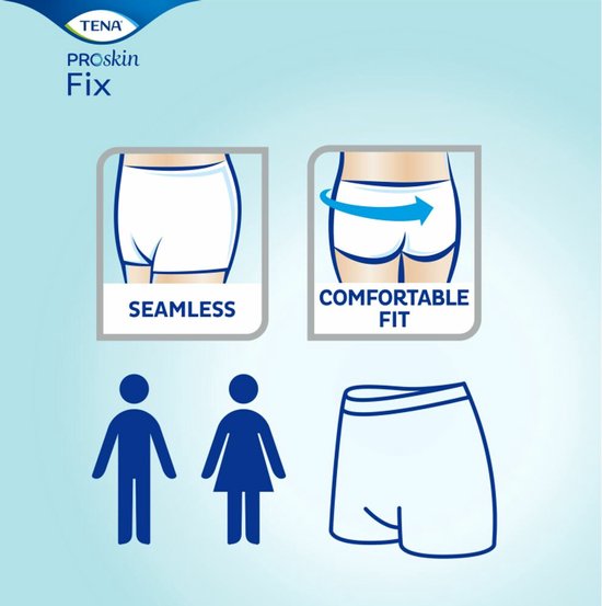 TENA ProSkin Fix: illustraties van naadloos broekje, comfortabele pasvorm, man en vrouw.