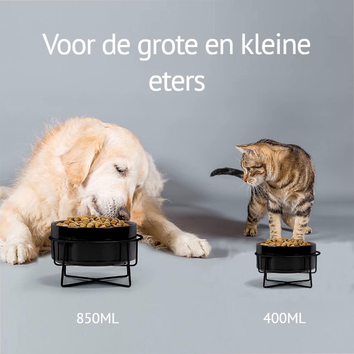 Lannvan Verhoogde kattenbak, 3 x keramische voerbak met metalen standaard, 15° gekanteld voederstation voor katten, hondenbak, voederbak en waterbak voor katten en kleine honden