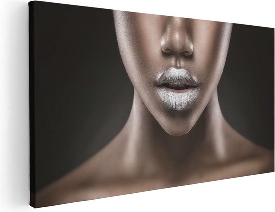 Artaza Canvas Schilderij Zilveren Lippen Van Een Afrikaanse Vrouw - 60x30 - Foto Op Canvas - Canvas Print