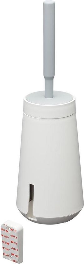 Brosse WC blanche avec manche gris, support conique et ruban 3M.