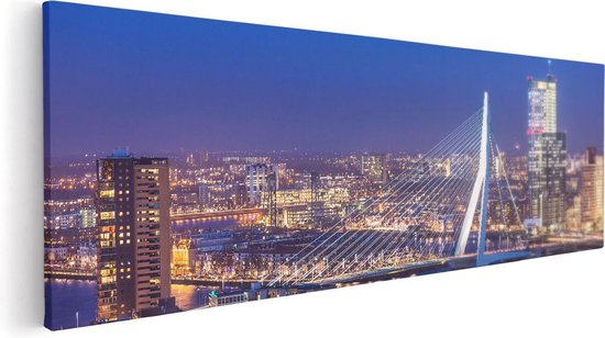 Artaza Canvas Schilderij Rotterdamse Skyline Met De Erasmusbrug - 120x40 cm - Groot - Wanddecoratie Woonkamer - Schilderijen - Muurdecoratie