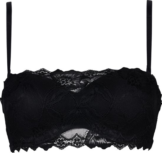 Zwarte kanten bandeau bh met voorgevormde cups en verstelbare bandjes.