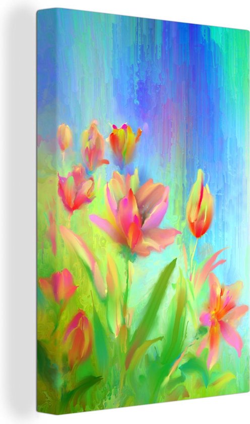 Canvas Schilderij Tulpen - Bloemen - Aquarel - 80x120 cm - Wanddecoratie