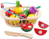 Houten Speelgoed Snijset - Fruitmand met 10 verschillende soorten fruit gesneden - Groentemand/Picknickmand/Ontbijt Box - Speelgoedeten en -drinken - Speelgoed Fruitset - Deluxe Ta