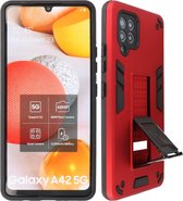 Stand Shockproof Telefoonhoesje - Magnetic Stand Hard Case - Grip Stand Back Cover - Backcover Hoesje voor Samsung Galaxy A42 5G - Rood