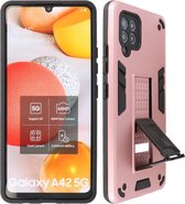 Stand Shockproof Telefoonhoesje - Magnetic Stand Hard Case - Grip Stand Back Cover - Backcover Hoesje voor Samsung Galaxy A42 5G - Roze