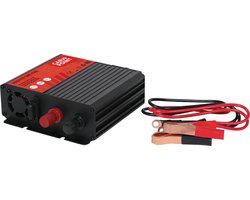Carpoint Omvormer - 12V>230V - Zuivere Sinus - Continu vermogen 300W - Piekvermogen 600 Watt – Zoemer voor foutmeldingen – Aansluiting op accu met accuklemmen - Schokbestendig - Temperatuur geregelde koelventilator – Afmeting 150x130x53mm