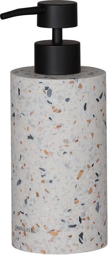 Vrijstaande zeepdispenser met terrazzo-look en zwarte pompdop. Inhoud 260 ml.