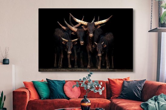 Canvas schilderij 150x100 cm - Wanddecoratie Koeien - Watussi - Zwart - Muurdecoratie woonkamer - Slaapkamer decoratie - Kamer accessoires - Schilderijen