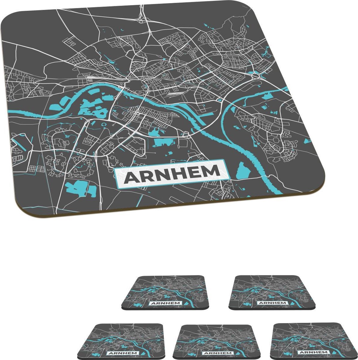 Onderzetters voor glazen - Plattegrond - Arnhem - Grijs - Blauw - 10x10 cm - Glasonderzetters - 6 stuks