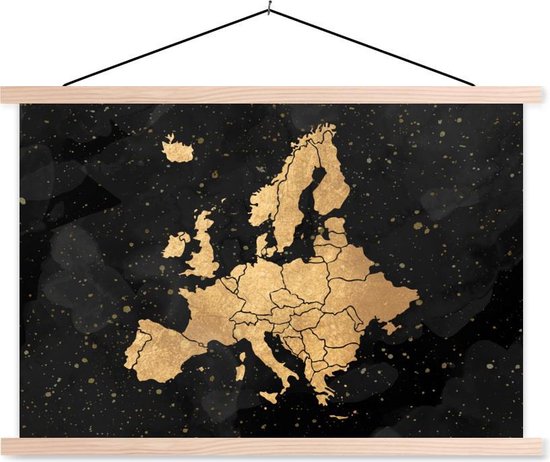 Posterhanger incl. Poster - Schoolplaat - Kaart - Europa - Goud - 150x100 cm - Blanke latten