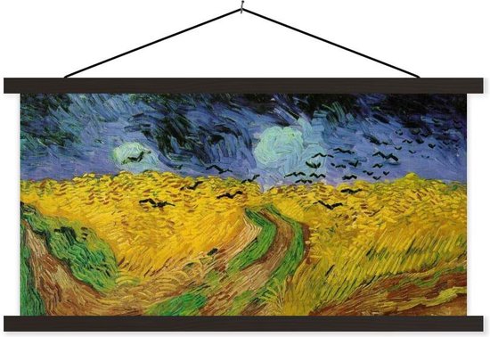 Posterhanger incl. Poster - Schoolplaat - Korenveld met kraaien - Vincent van Gogh - 90x45 cm - Zwarte latten