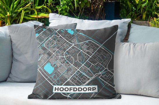 Sierkussen extérieur - Plan de la ville - Hoofddorp - Grijs - Blauw - 60x60 cm - Résistant aux intempéries