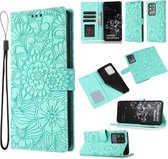 Voor Samsung Galaxy S20 Ultra Skin Voelen Reliëf Zonnebloem Horizontale Flip Lederen Case met Houder & Kaartsleuven & Portemonnee & Lanyard (Groen)