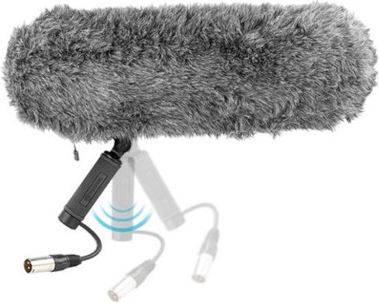 Grijze, pluizige windkap voor microfoon met zwarte handgreep en XLR-kabel.
