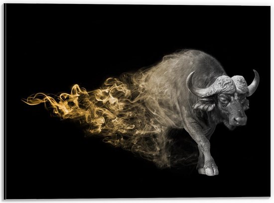 Dibond - Zwart Wit Foto met Gouden Rook bij Buffel - 40x30cm Foto op Aluminium (Wanddecoratie van metaal)