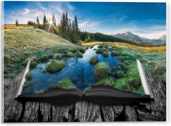 Acrylglas - Landschap in een Boek - 40x30cm Foto op Acrylglas (Met Ophangsysteem)