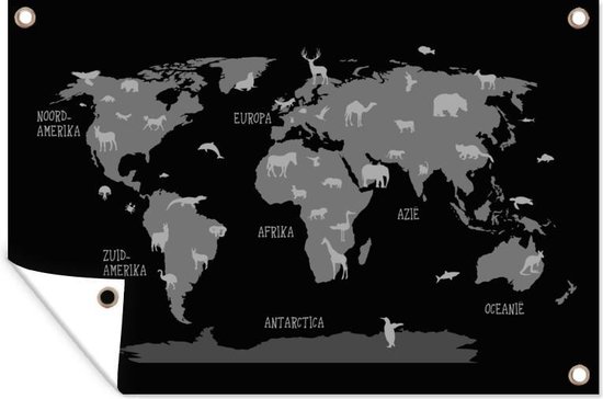 Tuinposter - Tuindoek - Tuinposters buiten - Wereldkaart met dieren - zwart wit - 120x80 cm - Tuin