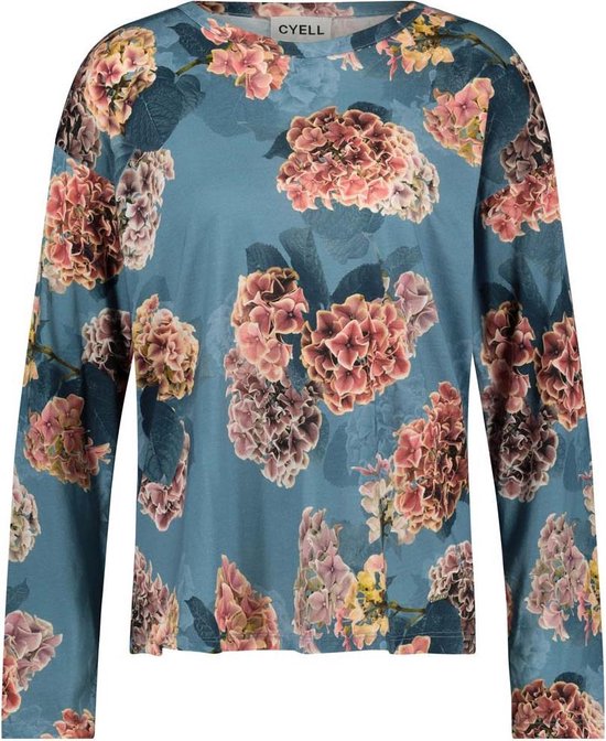 Cyell HORTUS DREAM dames pyjamatop lange mouwen - Blauwe bloemenprint - Maat 36 Blauw met rozekleurige bloemen maat 36 (S)