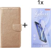 Bookcase Geschikt voor: Oppo Find X3 Neo - Goud - portemonnee hoesje met 1 stuk Glas Screen protector