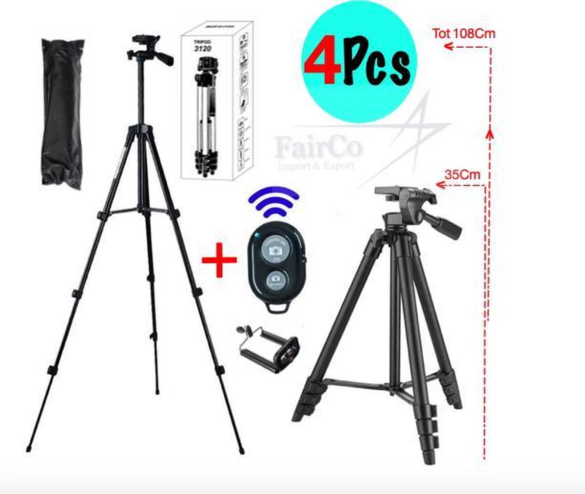4Pcs Camerastatief, Smartphone Tripod Voor Fotocamera en Smartphone Inclusief Bluetooth Remote Shutter en Waterpas, Tripod 108Cm Zwart Fairco