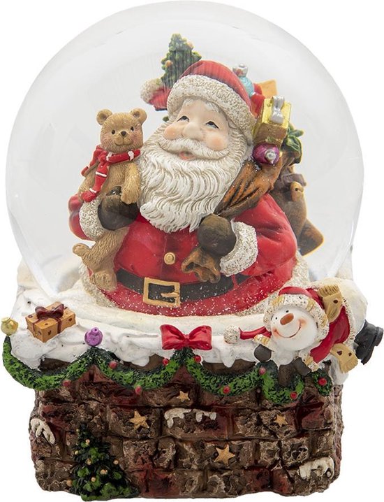 Clayre & Eef Kerstdecoratie Kerstman Ø 16*20 cm Rood Groen Kunststof Rond Sneeuwbol Decoratie Beeld en Figuur Woonaccessoires