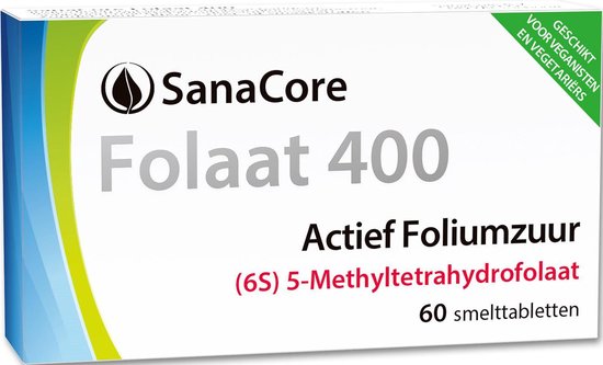Doos SanaCore Folaat 400. Actief Foliumzuur (6S) 5-Methyltetrahydrofolaat. 60 smelttabletten. Geschikt voor vegetariërs en veganisten.