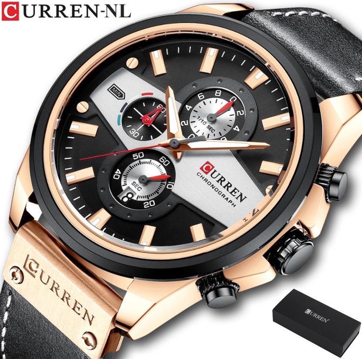 Curren - Horloge Heren - Cadeau voor Man - Horloges voor Mannen - 49 mm - Zwart Rosé