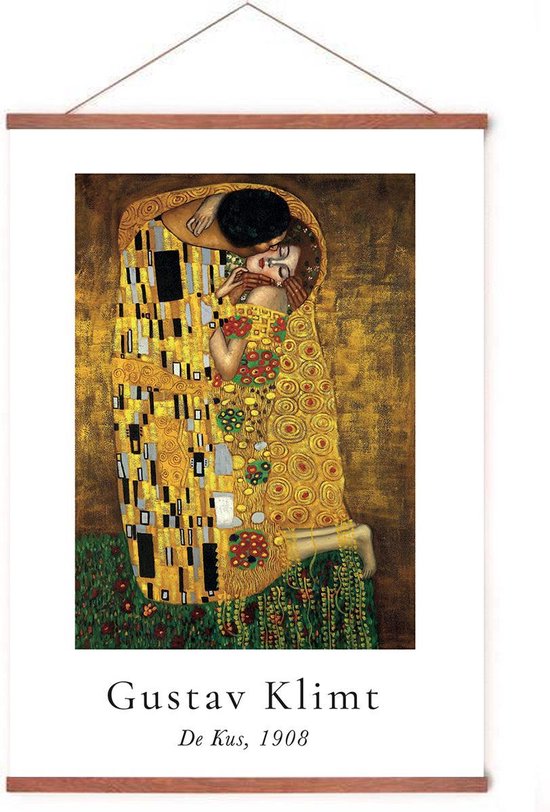 Poster In Posterhanger - De Kus - Kader Hout - Gustav Klimt - Passe Partout - 70x50 cm - Ophangsysteem