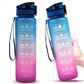 Usta - Motivatie Waterfles - Drinkfles met Tijdmarkering - Waterfles met Fruit Filter - Drinkfles 1L - Bidon - Roze/Blauw
