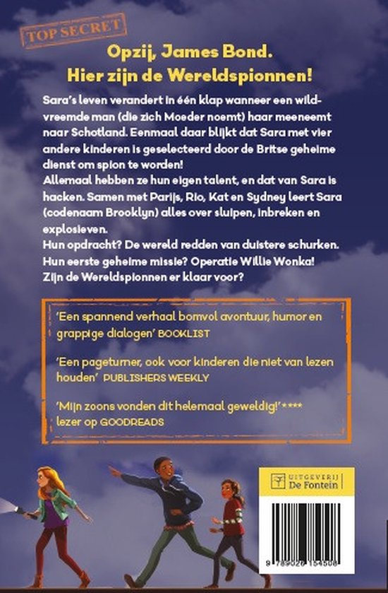 De achterkant van het boek 'Wereldspionnen'. Drie kinderen rennen onder een silhouet van de Eiffeltoren. 'TOP SECRET'.