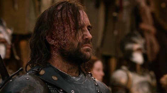 Een man met een gehavend gezicht, baard en donker haar, met een harnas.