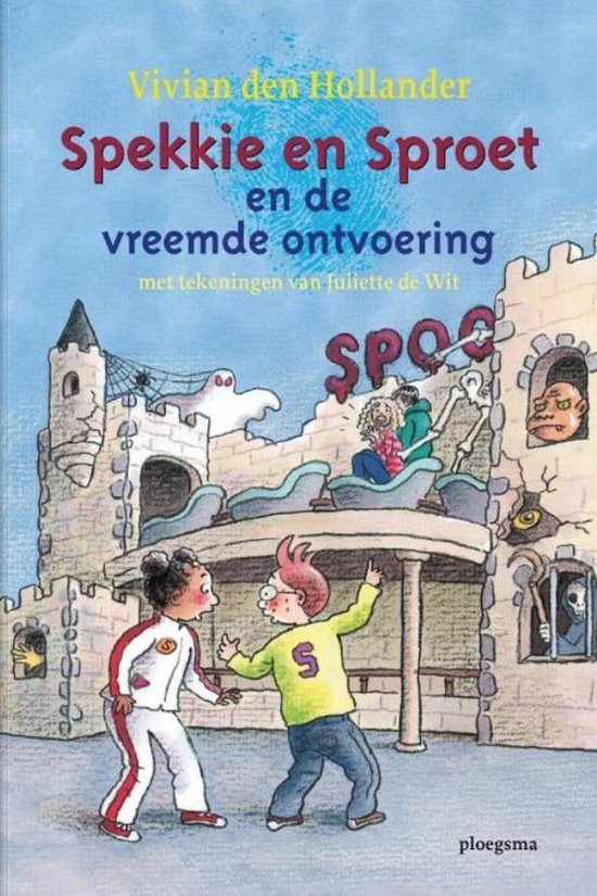 Boekcover met kinderen bij een kasteel met spoken.