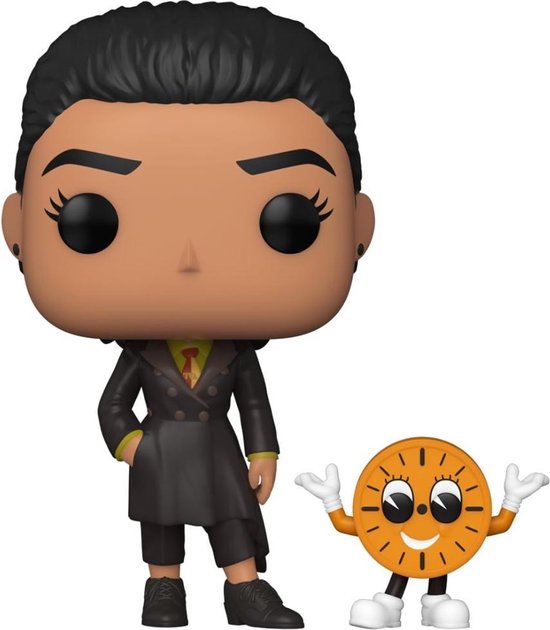 Funko Pop! figuur van Ravonna Renslayer met Miss Minutes, in zwart pak, met oranje klokfiguur ernaast.