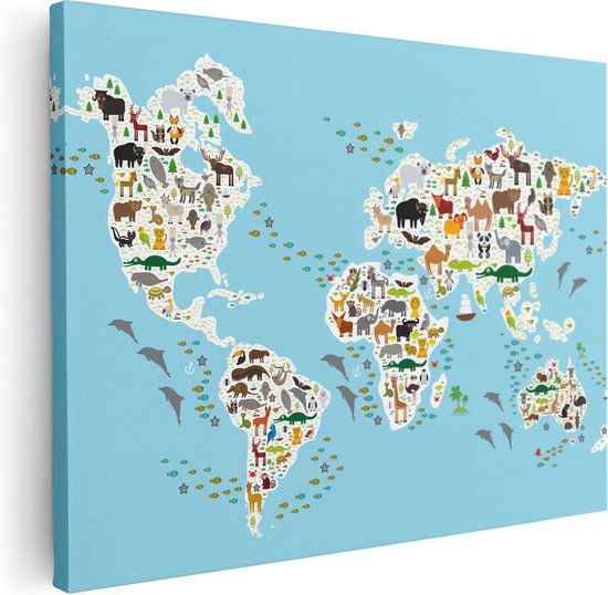 Artaza - Canvas Schilderij - Wereldkaart Met Dieren  - Foto Op Canvas - Canvas Print