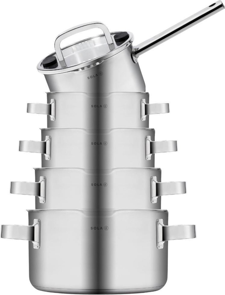Sola Pannenset Juvia - 5 delig - Ø 16,16,18,20,24 cm - Zilver - RVS - Sandwichbodem
