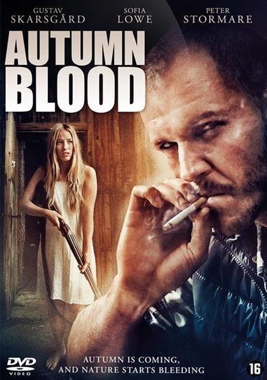 DVD-cover met de titel 'Autumn Blood'. Een man rookt een sigaret op de voorgrond, een vrouw staat op de achtergrond met een geweer.