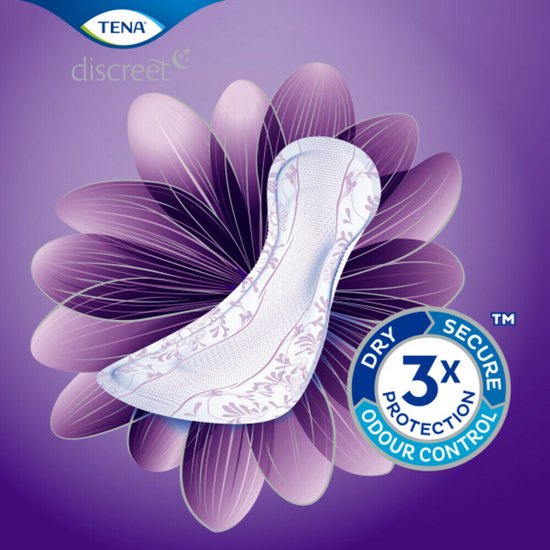 Tena Discreet maandverband met bloemenpatroon op een paarse bloem. Bevat '3x Dry Secure Odour Control'.