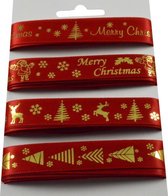Kerst Lint Set 16mm (1,6cm) | Luxe Satijnlint | Merry Christmas | 4 verschillende Kerstlinten | Rood met Goud | Cadeaulint | Set: 4 x 2 Meter