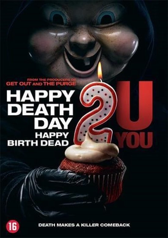 Happy Death Day 2U DVD-cover met griezelig kindermasker en cupcake met kaars.
